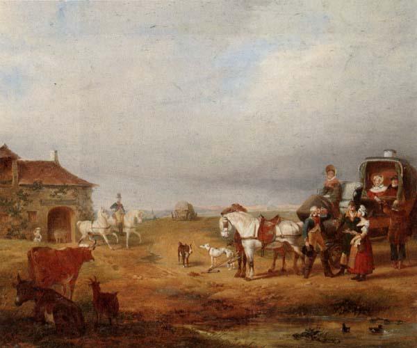 unknow artist An open landscape with a horse and carriage halted beside a pond,with anmals and innnearby Spain oil painting art